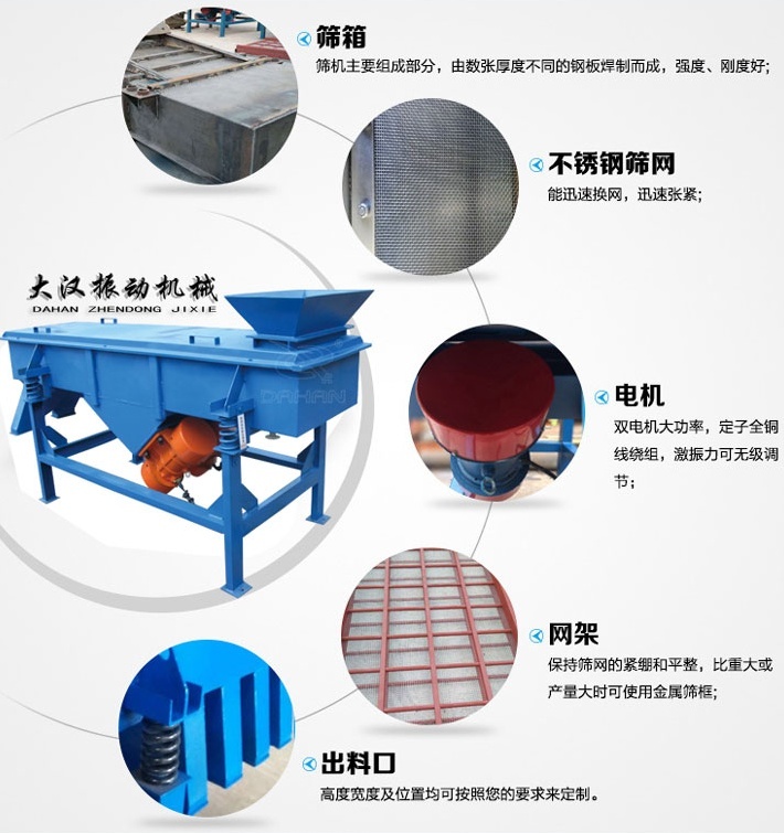 525型直線振動篩結(jié)構(gòu)細節(jié)：篩箱：篩機主要組成部分，由數(shù)張厚度不同的鋼板焊制而成，強度，剛度好。不銹鋼篩網(wǎng)：能速換網(wǎng)，迅速張緊。電機：雙電機大功率，定子全銅線繞組，激振力可無級調(diào)節(jié)。網(wǎng)架：保持篩網(wǎng)的緊繃和平整，比重大或產(chǎn)量大時可使用金屬篩框。出料口：高度寬度及位置均可按照您的要求定制。