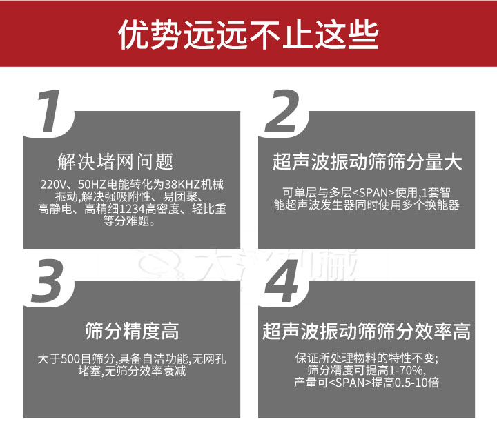 超聲波振動(dòng)篩優(yōu)勢(shì)：1，高效解決堵網(wǎng)問(wèn)題220V，50HZ電能轉(zhuǎn)化為38KHZ機(jī)械振動(dòng)，解決強(qiáng)吸附性，易團(tuán)聚，高靜電，高精細(xì)1234高密度，輕比重等難題。2，超聲振動(dòng)篩篩分量大：可單層與多層使用1套只能超聲波發(fā)生器同時(shí)使用多個(gè)換能器。3，適合大于500目篩分，具備自潔功能，無(wú)網(wǎng)孔堵塞，無(wú)篩分效率衰減。4，超聲波振動(dòng)篩篩分效率高：保證所處理物料的特性不變，篩分精度可提高1-70%。