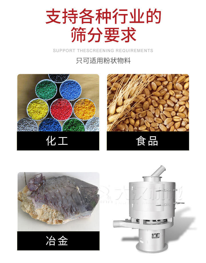 氣流篩用于礦粉，石墨粉，活性納米碳酸鈣，鋁灰，大豆粉，碳酸重鈣，石墨粉，木粉，干草，重金石粉，藥粉末，橡膠顆粒，草酸鹽，干料粉，木粉，聚酯粉，干粉，塑料，金屬粉末，橡膠粉，粉煤灰，石墨粉，陶瓷粉，鋅粉，石英粉，石灰粉，鐵粉，金屬硅粉等。