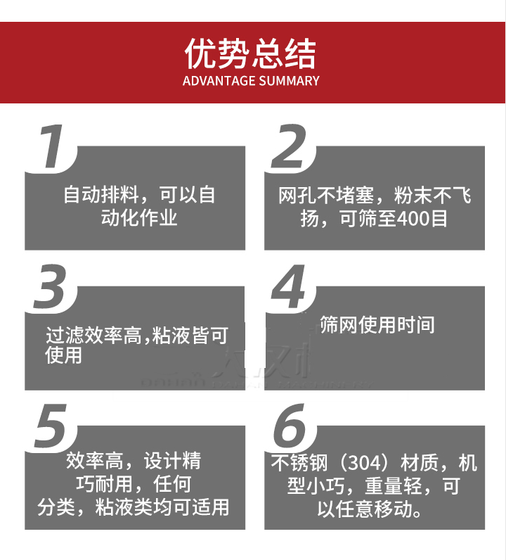 過濾篩優(yōu)勢總結(jié)：1，自動排料，可以自動化作用。2，網(wǎng)孔不堵塞，粉塵不飛揚，可篩至400目。3，過濾效率高，任何粒，粉，粘液也可使用。4，篩網(wǎng)設(shè)計大大提高了篩網(wǎng)使用時間，也魏換網(wǎng)提高了方便。5，效率高，設(shè)計精巧耐用，任何分類設(shè)計精巧耐用，任何分類，粘液類均可適用。6，不銹鋼材質(zhì)機(jī)型小巧，重量輕，可以任意移動。