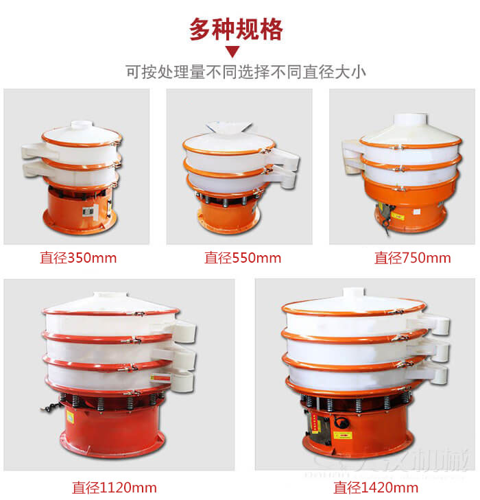 塑料振動篩不同篩分直徑進行展示：350，550，750，1120，1420等。