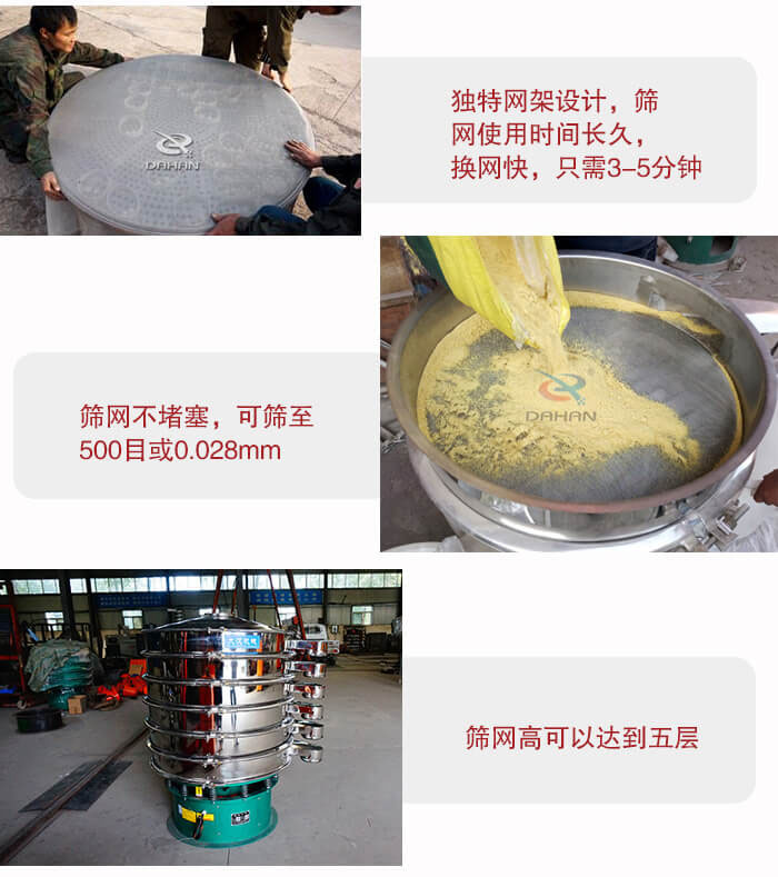 三次元振動(dòng)篩的特點(diǎn)：篩網(wǎng)使用時(shí)間長換讓時(shí)間短，篩網(wǎng)不堵塞，可篩至500目或0.028mm。