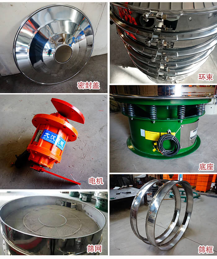 部件包括：密封蓋，環(huán)束，電機(jī)，底座，篩網(wǎng)，篩框等。