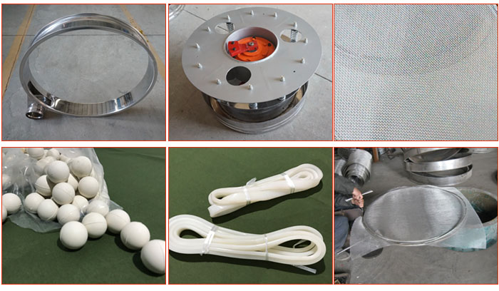 800型全不銹鋼振動(dòng)篩配件有：振動(dòng)篩篩框，電機(jī)，不銹鋼篩網(wǎng)等。