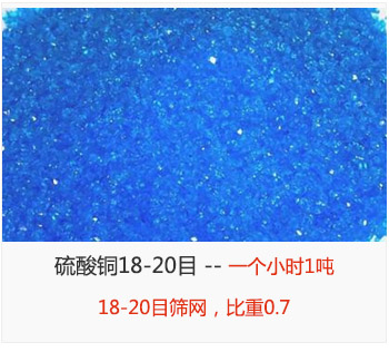 篩分18-20目的硫酸銅 產(chǎn)量一個(gè)小時(shí)1噸，采用18-20目篩網(wǎng)，比重0.7