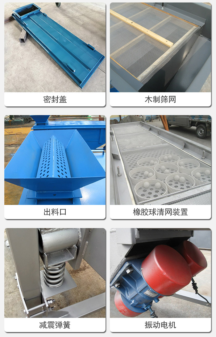 直線(xiàn)篩分機(jī)的結(jié)構(gòu)展示圖：篩箱是物料主要篩分設(shè)備之一，篩網(wǎng)用于篩分物料，振動(dòng)電機(jī)幫助篩網(wǎng)篩分。