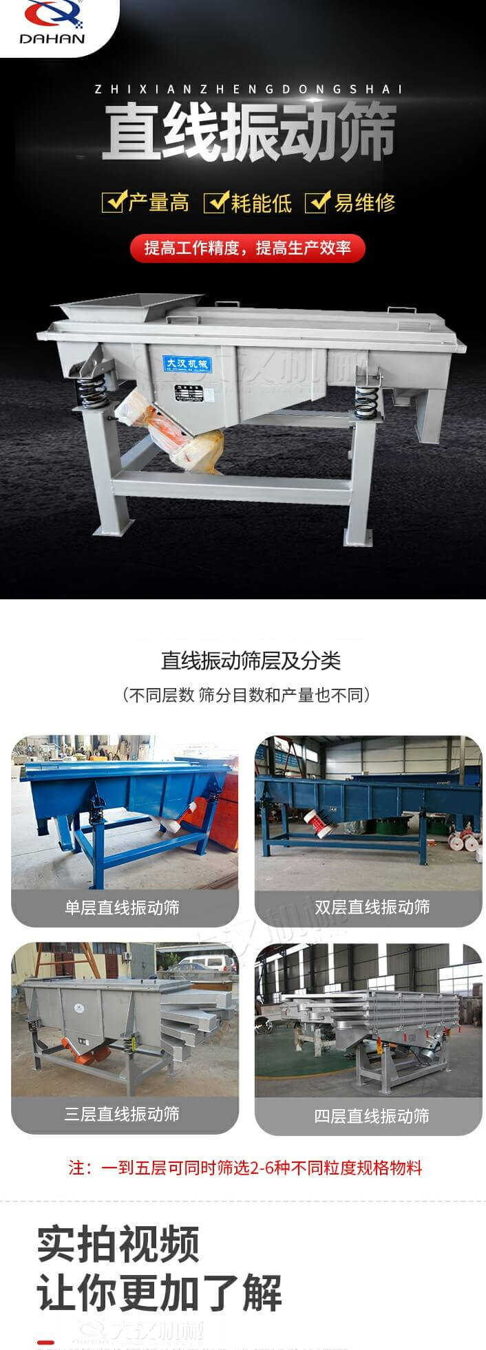 直線振動(dòng)篩概述，產(chǎn)量高，耗能低，易維修，提高工作精度，提高生產(chǎn)效率，直線振動(dòng)篩層級(jí)分類：不同層數(shù)，篩分目數(shù)和產(chǎn)量也不同：?jiǎn)螌?，雙層，三層，四層等。