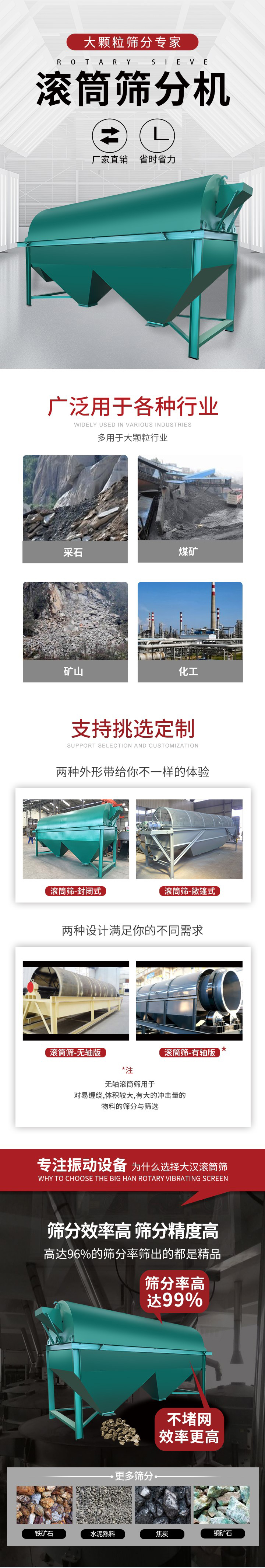 滾筒篩分機大顆粒篩分專家：廠家直銷，省時省力。滾筒篩被廣泛應(yīng)用各種行業(yè)：多用于大顆粒行業(yè)例如：采石，煤礦，礦山，化工等。滾筒篩定制類型有哪些：封閉式與敞篷式產(chǎn)品結(jié)構(gòu)分為：無軸式，有軸式兩種，無軸滾筒篩用于對纏繞，體積較大，有大的沖擊量的物料的篩分與篩選。滾筒篩篩分效率高篩分精度能夠達到：96%也比較適用于鐵礦石，水泥熟料，焦炭，銅礦石。滾筒篩特點：不飛粉末：密封隔離罩，密封性好，工作過程不會出現(xiàn)飛粉現(xiàn)象。外型尺寸是按筒體長計