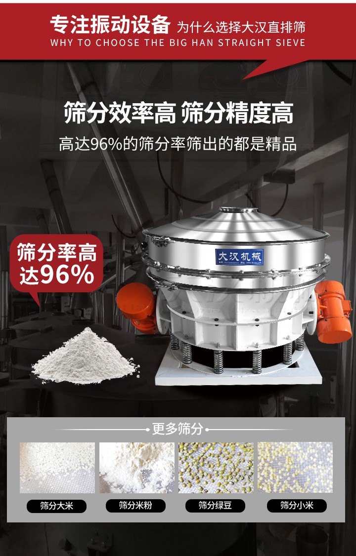 直排篩適用物料有面粉，淀粉，洗衣粉，金屬粉，添加劑，化工，非礦等行業(yè)。