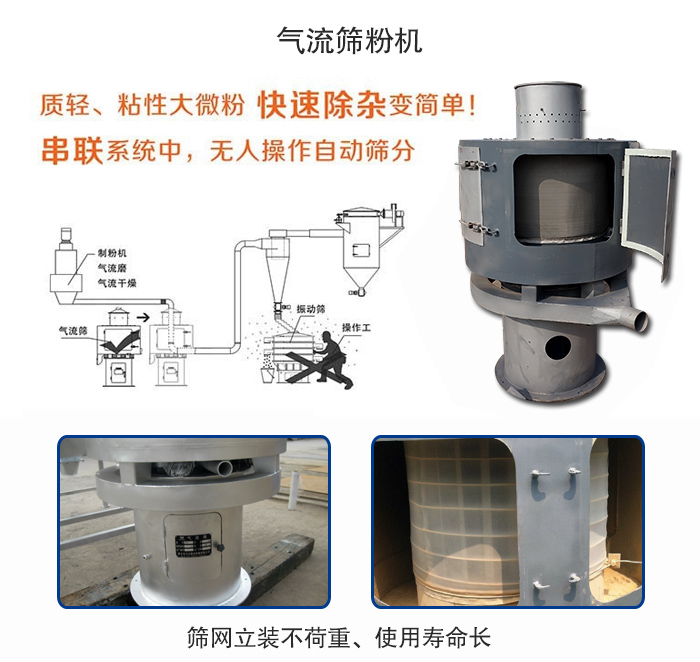 氣流篩粉機(jī)適用：質(zhì)輕，粘性大微粉采用串聯(lián)系統(tǒng)重，無人操作自動篩分 特點(diǎn)：篩網(wǎng)立裝不負(fù)重，使用壽命長。