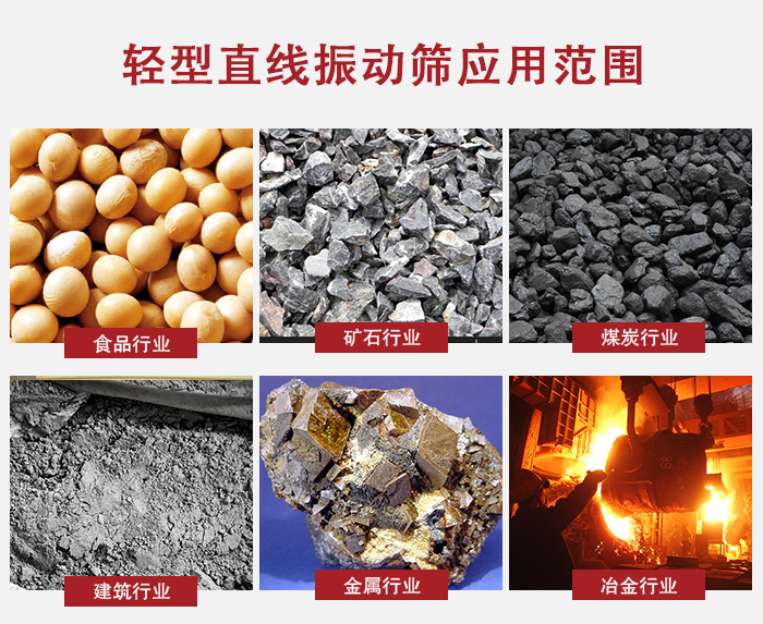輕型直線振動篩應(yīng)用范圍較廣多使用與顆粒狀，粉狀以及其它重型行業(yè)的輸送。