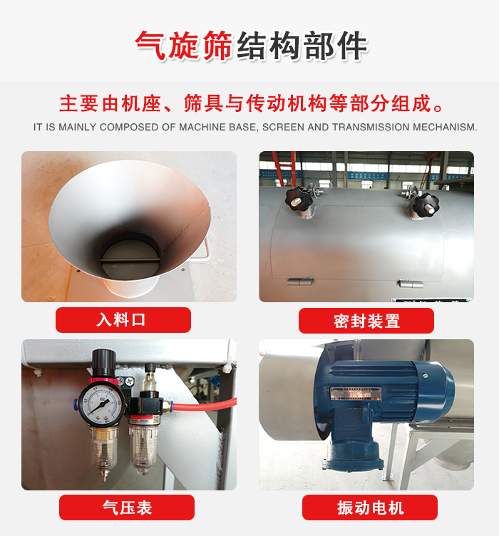 氣旋篩結(jié)構(gòu)：入料口，密封裝置，電機，氣壓表等