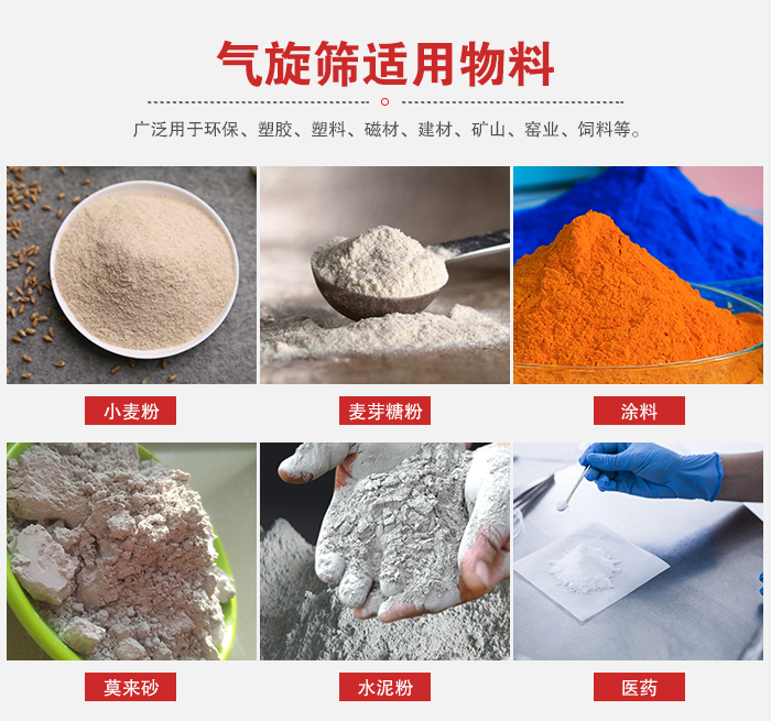 氣旋篩適用物料：小麥粉，麥芽糖粉，涂料，等粉狀物料。