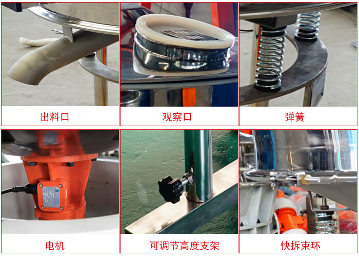 高頻篩細(xì)節(jié)展示：出料口，觀察口，彈簧，電機(jī)，可調(diào)節(jié)高度支架，快拆束環(huán)。