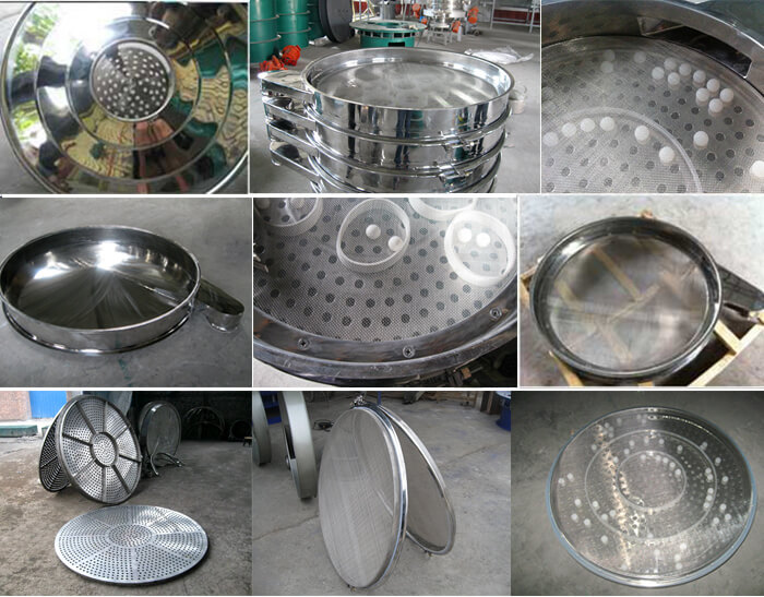 食品振動(dòng)篩細(xì)節(jié)展示：防塵蓋，篩框，網(wǎng)架，底框等。